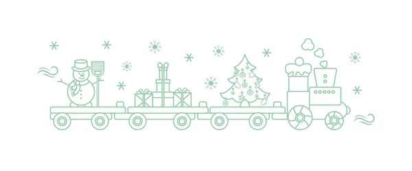 Τρένο μεταφέρει χριστουγεννιάτικο δέντρο, χιονάνθρωπος, δώρα. — Διανυσματικό Αρχείο