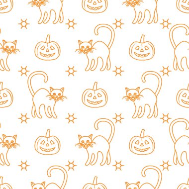 Cadılar Bayramı 2019 seamless modeli. Kabaklar, kedi.