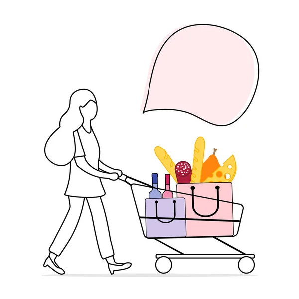 Mujer lleva carrito de la compra con alimentos y bebidas . — Vector de stock