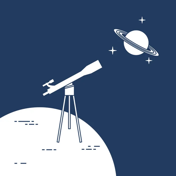 Telescópio, planeta Saturno com anéis. Astronomia . — Vetor de Stock