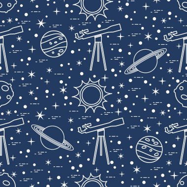 Seamless modeli. Teleskop, Güneş, gezegenler, yıldızlar.