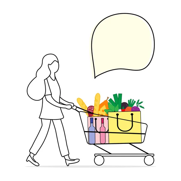 Mujer lleva carrito de la compra con alimentos y bebidas . — Vector de stock