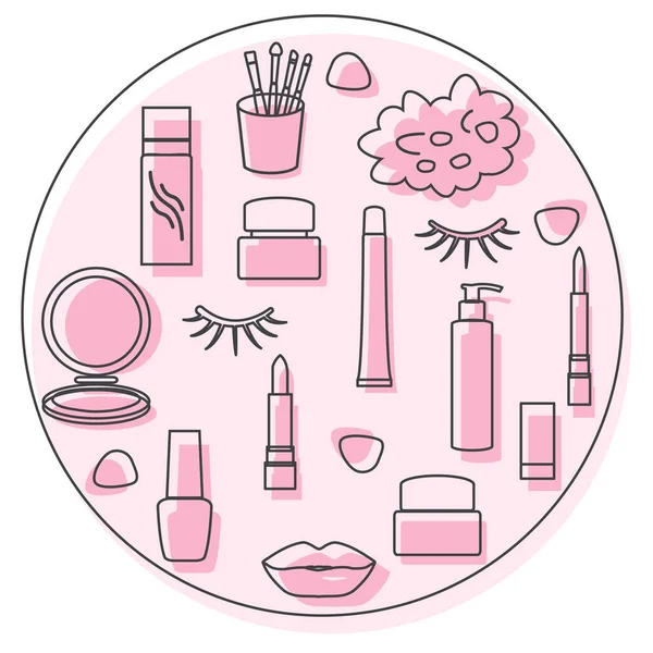 Cosmétiques, produits de soins, maquillage, cils, lèvres — Image vectorielle