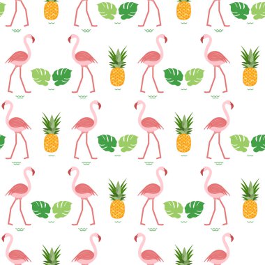 Desen Flamingo, Monstera yaprakları, ananas