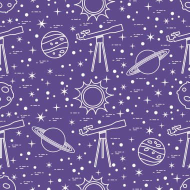 Seamless modeli. Teleskop, Güneş, gezegenler, yıldızlar.