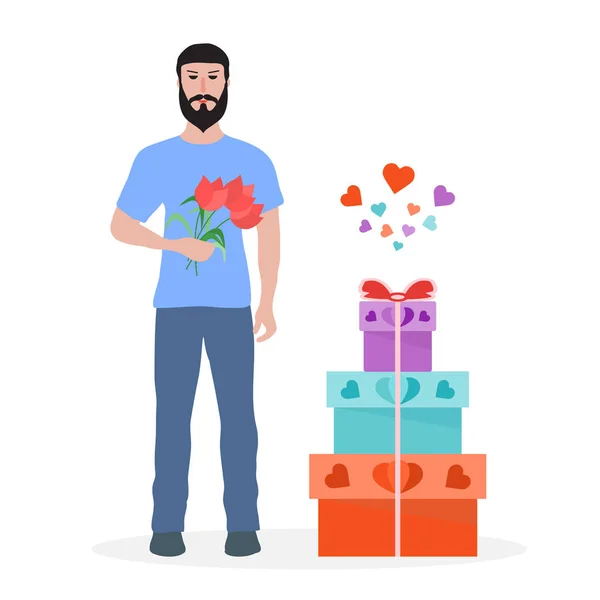 Człowiek z kwiatów i prezentów. Kartki świątecznej. — Wektor stockowy