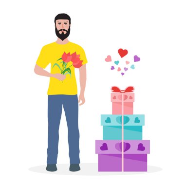 Çiçek ve hediye olan adam. Tatil tebrik kartı.