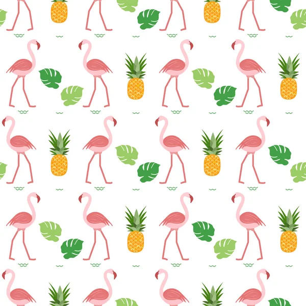 Motif flamant rose, feuilles de monstère, ananas — Image vectorielle