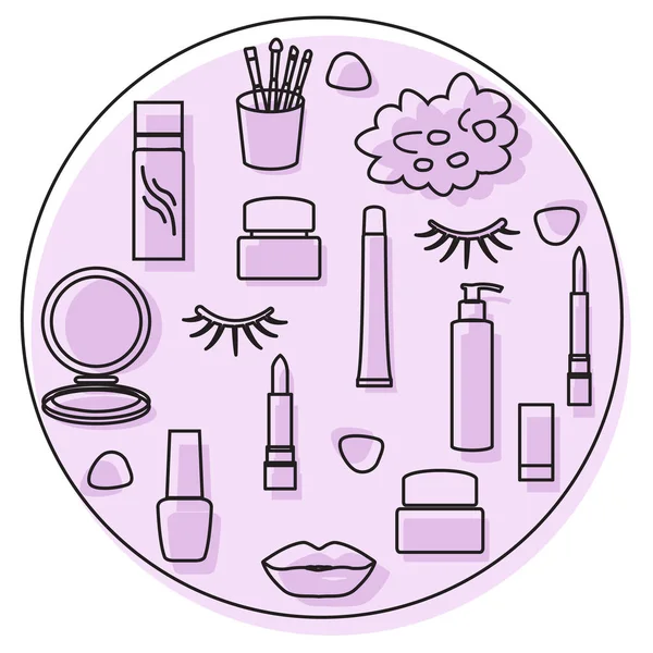 Cosméticos, productos para el cuidado, maquillaje, pestañas, labios — Vector de stock
