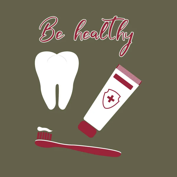 Diente, cepillo de dientes, pasta de dientes. Clínica dental . — Archivo Imágenes Vectoriales