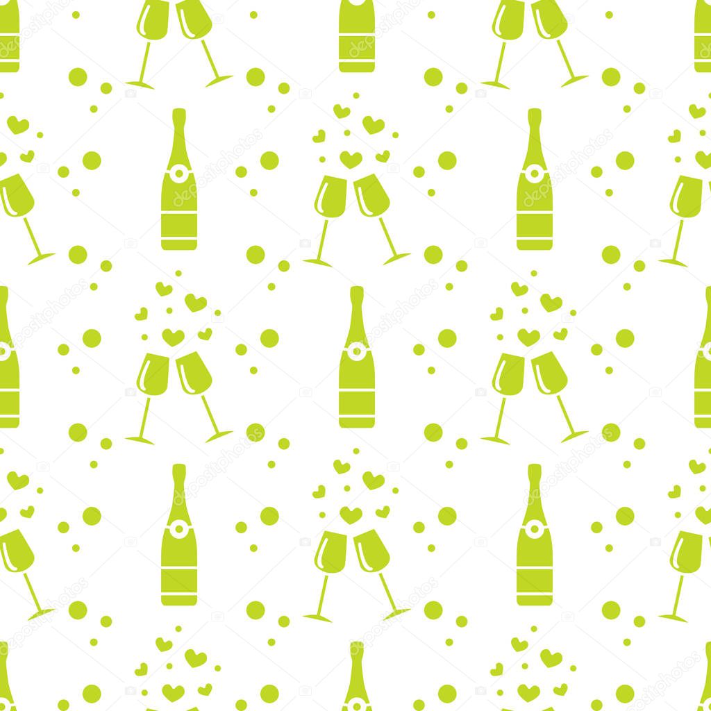 Seamless holiday pattern. Hearts, glasses, bottle