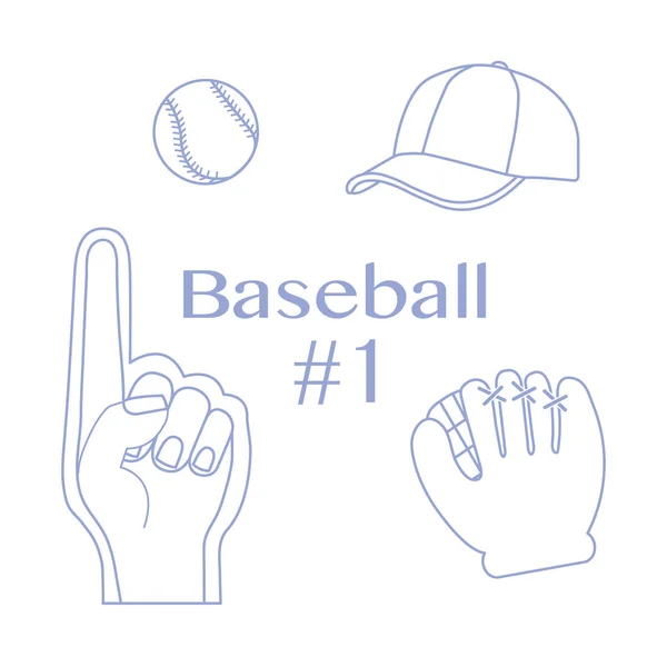 Honkbal schuim bal, cap, vinger, handschoen. Sport, ventilator — Stockvector