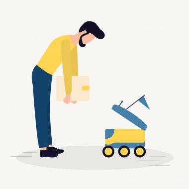 Robotik ekspres teslimat hizmeti. Adam kutu gönderir