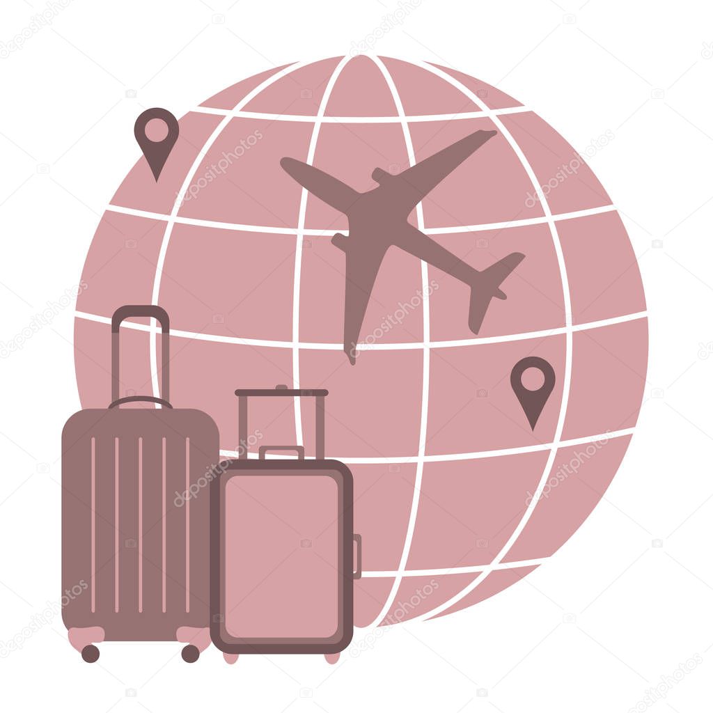 Vector illustration with suitcases, airplane, tags on the globe point of departure and destination. Time to travel. Summer time, vacation. Leisure logo.