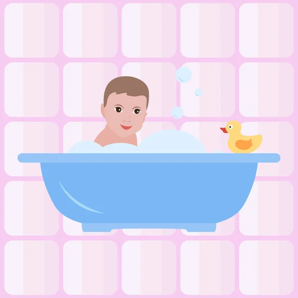 Un chico en el baño. Cuarto de baño. Feliz infancia. Vector — Vector de stock