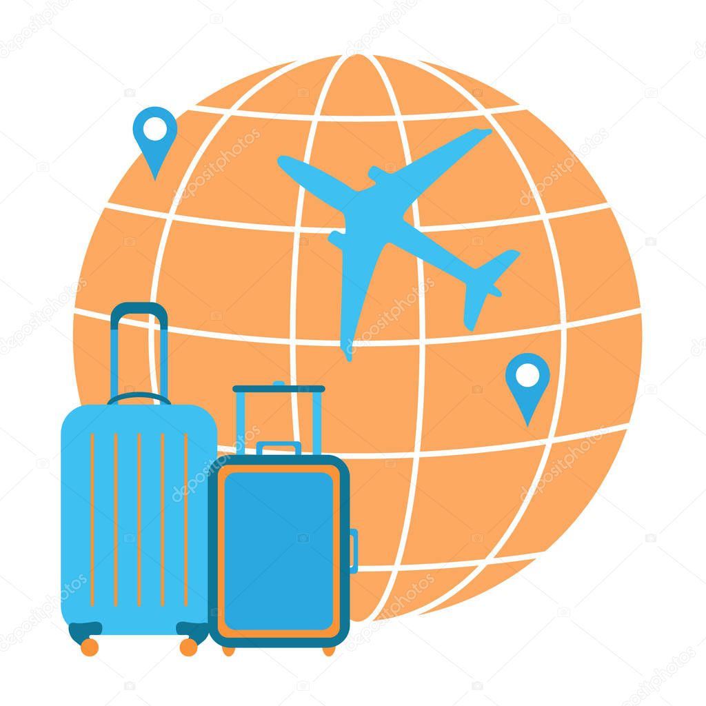 Vector illustration with suitcases, airplane, tags on the globe point of departure and destination. Time to travel. Summer time, vacation. Leisure logo.