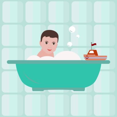 Banyodaki çocuk. Banyo. Mutlu çocukluk. Vektör