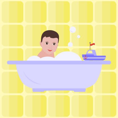 Banyodaki çocuk. Banyo. Mutlu çocukluk. Vektör