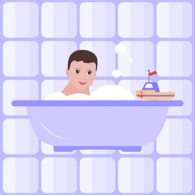 Banyodaki çocuk. Banyo. Mutlu çocukluk. Vektör