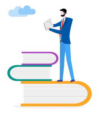 Vektör. Adamım, kitaplar. Erkek okuyucu. Edebiyat hayranları.