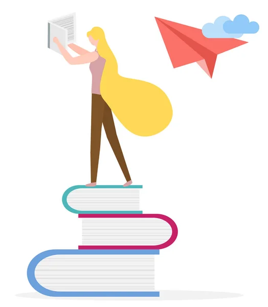 Vektör. Kadın, kitaplar Kadın okuyucu Edebiyat hayranları — Stok Vektör