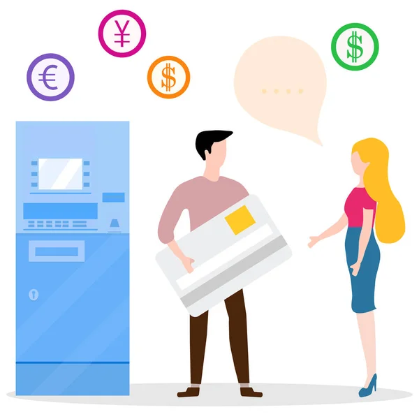 ATM, man met bankkaart, vrouw. Persoonlijke financiën — Stockvector