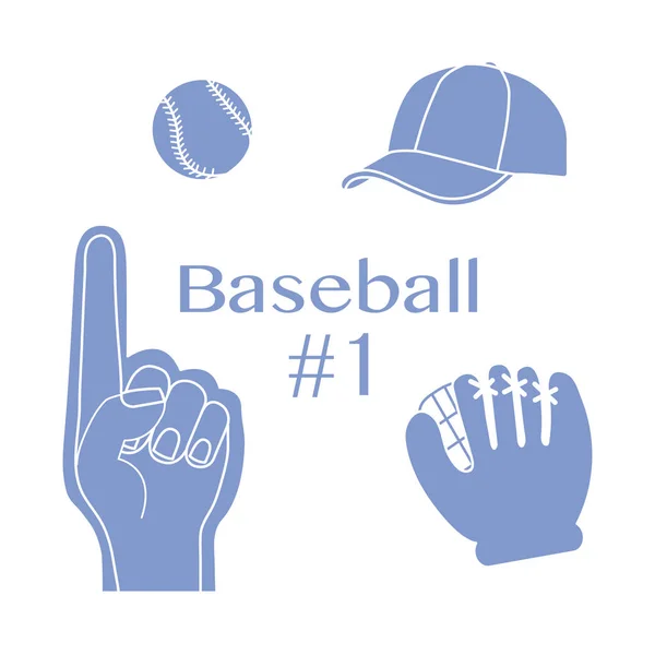 Baseball foam finger, ball, cap, glove. Sport, fan — Stock Vector