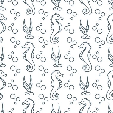 Deniz atları, bitkiler ile vektör Dikişsiz desen