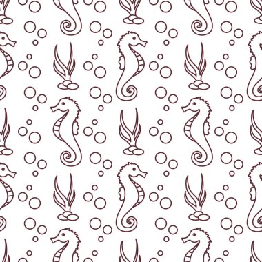 Deniz atları, bitkiler ile vektör Dikişsiz desen