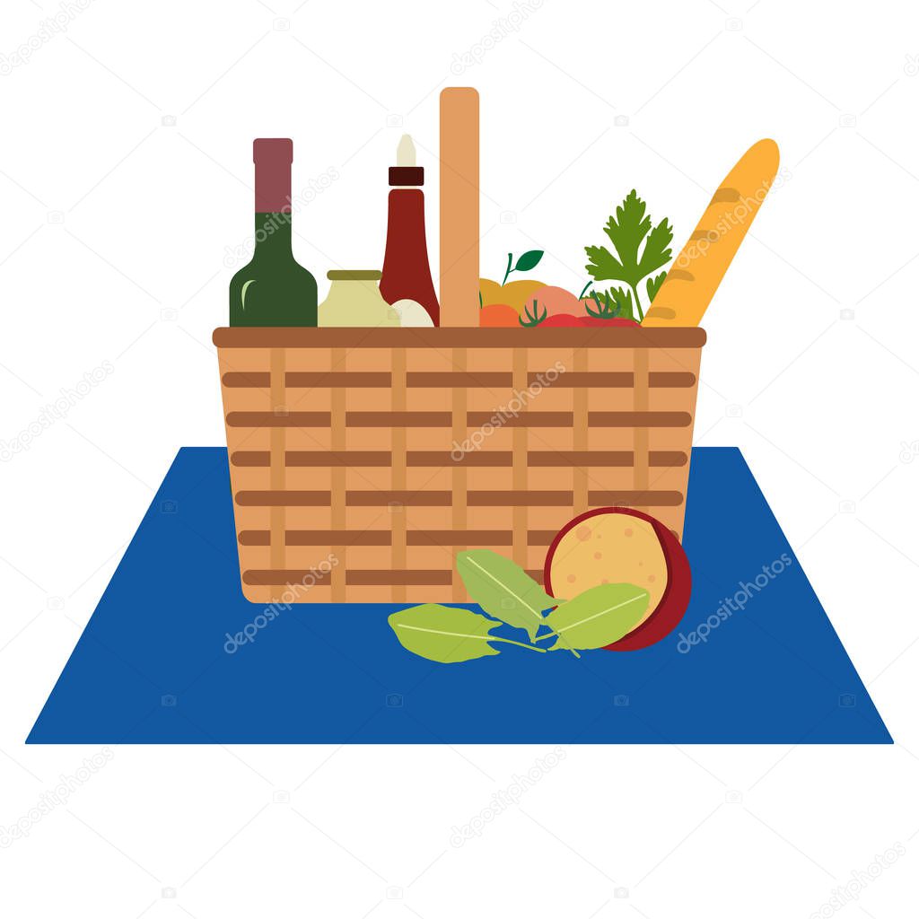 Vector. Wicker picnic basket, food, drink