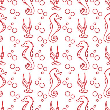 Deniz atları, bitkiler ile vektör Dikişsiz desen