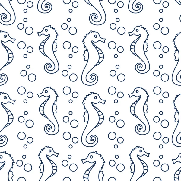 Векторный бесшовный рисунок с морскими лошадьми, пузырьками — стоковый вектор