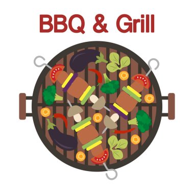 Kebap ve sebze ile Barbekü ızgara. Vektör