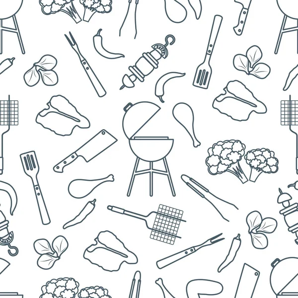 원활한 패턴 그릴, 바베큐 도구, 음식. 바베 큐 — 스톡 벡터