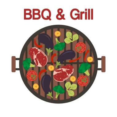 Et ve sebzelerle donatılmış Barbekü ızgarası. Vektör
