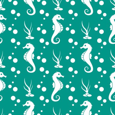 Deniz atları, bitkiler ile vektör Dikişsiz desen
