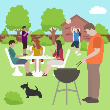 Aile dostları insanlar üzerinde bbq parti açık havada Vektör