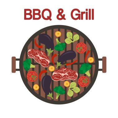Et ve sebzelerle donatılmış Barbekü ızgarası. Vektör