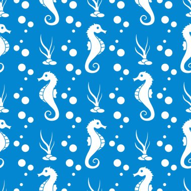 Deniz atları, bitkiler ile vektör Dikişsiz desen