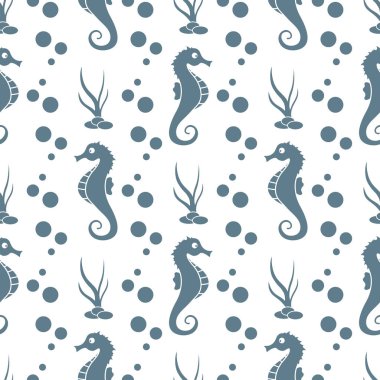 Deniz atları, bitkiler ile vektör Dikişsiz desen