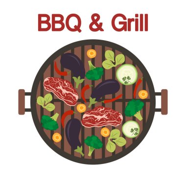 Et ve sebzelerle donatılmış Barbekü ızgarası. Vektör