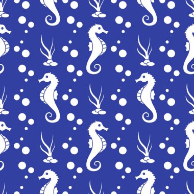 Deniz atları, bitkiler ile vektör Dikişsiz desen
