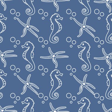 Deniz atları, denizyıldızı ile vektör Dikişsiz desen