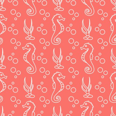 Deniz atları, bitkiler ile vektör Dikişsiz desen