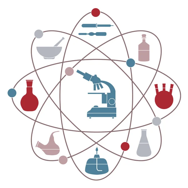 Illustration Vectorielle Avec Structure Atomique Flacons Verrerie Brûleur Microscope Equipement — Image vectorielle