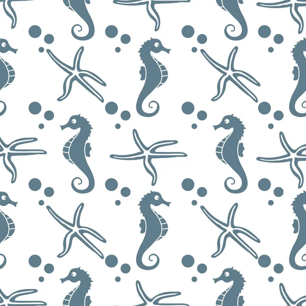 Modèle sans couture vectoriel avec des chevaux de mer, étoile de mer — Image vectorielle
