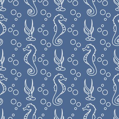 Deniz atları, bitkiler ile vektör Dikişsiz desen