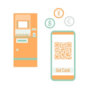 QR kodu ile telefon, ATM nakit para çekme. Vektör