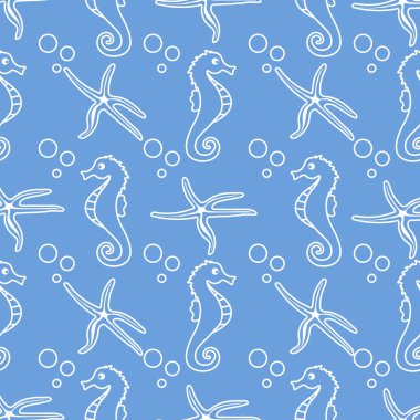 Deniz atları, denizyıldızı ile vektör Dikişsiz desen