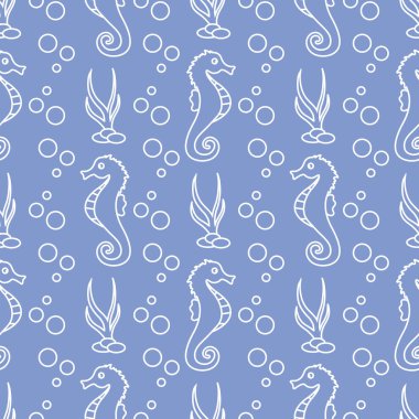 Deniz atları, bitkiler ile vektör Dikişsiz desen
